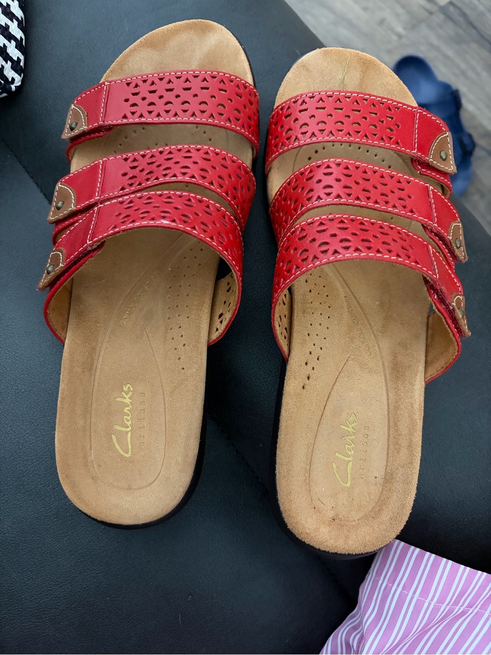 Clarks Women’s Red Triple-Strap Perforated Slide Sandals